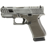 Hoth 43X, Striker Fired, Semi-automatic, Polymer Frame, Sub-Compact, 9MM, 3.41" Barrel, Custom Distressed Grey Cerakote Finish by Shark Coast Tactical, Fixed Sights, Shark Coast Tactical Greasy Cut Slide, Laser Stippled Grip, 15 Rounds, 2 Magazines UX435