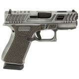 Hoth 43X, Striker Fired, Semi-automatic, Polymer Frame, Sub-Compact, 9MM, 3.41" Barrel, Custom Distressed Grey Cerakote Finish by Shark Coast Tactical, Fixed Sights, Shark Coast Tactical Greasy Cut Slide, Laser Stippled Grip, 15 Rounds, 2 Magazines UX435