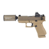 43X Hush Puppy, Semi-automatic, Striker Fired, Polymer Frame Pistol, Sub-Compact, 3.92" Threaded Barrel, 1/2X28 Thread Pitch, Flat Dark Earth Cerakote by Shark Coast Tactical, Suppressor Height Sights, Holosun 407K Red Dot, 15 Rounds, Includes Compact Hu