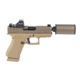 43X Hush Puppy, Semi-automatic, Striker Fired, Polymer Frame Pistol, Sub-Compact, 3.92" Threaded Barrel, 1/2X28 Thread Pitch, Flat Dark Earth Cerakote by Shark Coast Tactical, Suppressor Height Sights, Holosun 407K Red Dot, 15 Rounds, Includes Compact Hu