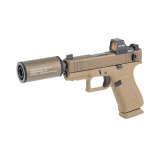 43X Hush Puppy, Semi-automatic, Striker Fired, Polymer Frame Pistol, Sub-Compact, 3.92" Threaded Barrel, 1/2X28 Thread Pitch, Flat Dark Earth Cerakote by Shark Coast Tactical, Suppressor Height Sights, Holosun 407K Red Dot, 15 Rounds, Includes Compact Hu