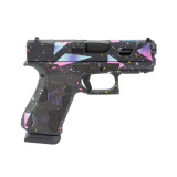 43X, 80's NIGHT, Striker Fired, Semi-automatic, Polymer Frame Pistol, Sub Compact, 9MM, 3.41" Marksman Barrel, Custom Black/Cyan/Purple Cerakote Finish by Shark Coast Tactical, No Finger Grooves, Front Serrations, Laser Stippled Grip, Fixed Sights, 15 Ro