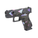 43X, 80's NIGHT, Striker Fired, Semi-automatic, Polymer Frame Pistol, Sub Compact, 9MM, 3.41" Marksman Barrel, Custom Black/Cyan/Purple Cerakote Finish by Shark Coast Tactical, No Finger Grooves, Front Serrations, Laser Stippled Grip, Fixed Sights, 15 Ro