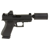 43X Hush Puppy, Semi-automatic, Striker Fired, Polymer Frame Pistol, Sub-Compact, 3.92 Threaded Barrel, 1/2X28 Thread Pitch, Black Cerakote by Shark Coast Tactical, Suppressor Height Sights, Holosun 407K Red Dot, 15 Rounds, Includes Compact Hush Puppy Pr