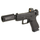 43X Hush Puppy, Semi-automatic, Striker Fired, Polymer Frame Pistol, Sub-Compact, 3.92 Threaded Barrel, 1/2X28 Thread Pitch, Black Cerakote by Shark Coast Tactical, Suppressor Height Sights, Holosun 407K Red Dot, 15 Rounds, Includes Compact Hush Puppy Pr