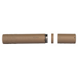 Flow 9 M, Suppressor, 9MM, 8.6" Length, 1.38" Diameter, Titanium Construction, 8.5oz, Cerakote Finish, Flat Dark Earth, Includes 1/2x28 Booster Assembly 3877