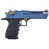 Desert Eagle L5, Semi-automatic, Metal Frame Pistol, Full Size, .357 Magnum, 5" Barrel with Integrated Muzzle Brake, PVD Finish, Carbo Blue Slide, Black Aluminum Frame, Gold Controls, Rubber Grips, Full Weaver Style Rail, 9 Rounds, 1 Magazine DE357L5CBG