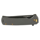 Razor VX5, Folding Knife, Plain Edge, 3" Blade Length, 7.3" Overall Length, 420J2 Stainless Steel, Includes (3) Standard Plain Edge and (1) Partially Serrated Blade, Stainless Steel Finish, Black Carbon Fiber Scales, Bronze Accents, Ceramic Ball Bearing