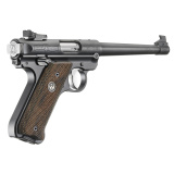 Mark IV Standard, 75th Anniversary, Single Action, Semi-automatic, Metal Frame Pistol, Full Size, 22LR, 5.58" Barrel, Alloy, Blued Finish, Wood Laminate Checkered Grips, Adjustable Rear Sight, Fixed Undercut Patridge Front Sight, 10 Rounds, 2 Magazines 4