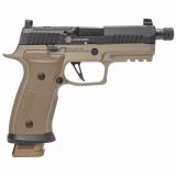 P320, AXG Combat, Custom Works, Semi-automatic, Striker Fired, Metal Frame Pistol, 9mm, 9MM, 4.6" Threaded Barrel, Threaded 1X28", Anodized Finish, Flat Dark Earth Frame, Nitrid Finish, Black Slide, Custom Works Engraved Optic Ready Slide, Hogue G10 Coyo