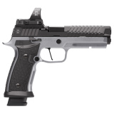 P320 MAX SXG 9MM, 5" Bull Barrel, Black Nitron Finished Slide, Silver Metal Frame, Romeo3 Max 6MOA Pro Optic, Pro Optic Footprint, Hogue Aluminum Recreation Grips, Flared Magwell, 21 Rounds, 4 Mags, Semi-automatic, Striker Fired, Full Size