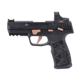 P322 ROSE, Semi-automatic, Single Action Only, Polymer Frame Pistol, Compact, 22LR, 4" Threaded Barrel with 1/2x28 Adapter, Matte Finish, Black with Rose Gold Accents, Polymer Grip, Fiber Optic Sights, ROMEO-RS ROSE Optic, Manual Safety, 10 Rounds, 3 Mag