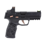 P322 ROSE, Semi-automatic, Single Action Only, Polymer Frame Pistol, Compact, 22LR, 4" Threaded Barrel with 1/2x28 Adapter, Matte Finish, Black with Rose Gold Accents, Polymer Grip, Fiber Optic Sights, ROMEO-RS ROSE Optic, Manual Safety, 10 Rounds, 3 Mag