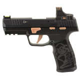 P322 ROSE, Semi-automatic, Single Action Only, Polymer Frame Pistol, Compact, 22 LR, 4" Threaded Barrel with 1/2x28 Adapter, Matte Finish, Black with Rose Gold Accents, Polymer Grip, Fiber Optic Sights, ROMEO-RS ROSE Optic, Manual Safety, 20 Rounds, 3 Ma