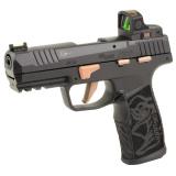 P322 ROSE, Semi-automatic, Single Action Only, Polymer Frame Pistol, Compact, 22 LR, 4" Threaded Barrel with 1/2x28 Adapter, Matte Finish, Black with Rose Gold Accents, Polymer Grip, Fiber Optic Sights, ROMEO-RS ROSE Optic, Manual Safety, 20 Rounds, 3 Ma
