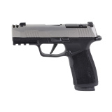 P365-XMACRO Comp, Semi-automatic, Striker Fired, Polymer Frame Pistol, Compact, 9MM, 3.1" Integrally Compensated Barrel, Nitron Finish, Silver Slide, Black Frame, Macro-Compact Grip Module with 1913 Rail, XRAY3 Day/Night Sights, Optic Ready, Shield RMSc