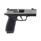 P365-XMACRO Comp, Semi-automatic, Striker Fired, Polymer Frame Pistol, Compact, 9MM, 3.1" Integrally Compensated Barrel, Nitron Finish, Silver Slide, Black Frame, Macro-Compact Grip Module with 1913 Rail, XRAY3 Day/Night Sights, Optic Ready, Shield RMSc