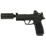 P365 XMacro Hush Puppy, Semi-automatic, Striker Fired, Polymer Frame Pistol, 4.3" Threaded Barrel, 1/2X28 Thread Pitch, Cerakote Finish, Black, Suppressor Height Sights, Holosun 407K Red Dot, 17 Rounds, Includes Compact Hush Puppy Project Model 2 Suppres
