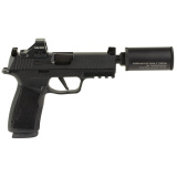 P365 XMacro Hush Puppy, Semi-automatic, Striker Fired, Polymer Frame Pistol, 4.3" Threaded Barrel, 1/2X28 Thread Pitch, Cerakote Finish, Black, Suppressor Height Sights, Holosun 407K Red Dot, 17 Rounds, Includes Compact Hush Puppy Project Model 2 Suppres
