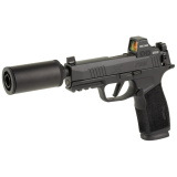 P365 XMacro Hush Puppy, Semi-automatic, Striker Fired, Polymer Frame Pistol, 4.3" Threaded Barrel, 1/2X28 Thread Pitch, Cerakote Finish, Black, Suppressor Height Sights, Holosun 407K Red Dot, 17 Rounds, Includes Compact Hush Puppy Project Model 2 Suppres