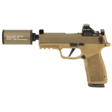 P365 XMacro Hush Puppy, Semi-automatic, Striker Fired, Polymer Frame Pistol, 4.3" Threaded Barrel, 1/2X28 Thread Pitch, Cerakote Finish, Flat Dark Earth, Suppressor Height Sights, Holosun 407K Red Dot, 17 Rounds, Includes Compact Hush Puppy Project Model