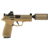 P365 XMacro Hush Puppy, Semi-automatic, Striker Fired, Polymer Frame Pistol, 4.3" Threaded Barrel, 1/2X28 Thread Pitch, Cerakote Finish, Flat Dark Earth, Suppressor Height Sights, Holosun 407K Red Dot, 17 Rounds, Includes Compact Hush Puppy Project Model