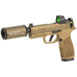 P365 XMacro Hush Puppy, Semi-automatic, Striker Fired, Polymer Frame Pistol, 4.3" Threaded Barrel, 1/2X28 Thread Pitch, Cerakote Finish, Flat Dark Earth, Suppressor Height Sights, Holosun 407K Red Dot, 17 Rounds, Includes Compact Hush Puppy Project Model