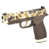 P365 Fuse, Semi-automatic, Striker Fired, Polymer Frame Pistol, Compact, 9MM, 4.3" Barrel, Custom Duck Camo Cerakote by Shark Coast Tactical, Sig Sauer LXG Grip, Fiber Optic Front and Low Profile Combat Rear Sights, (2)-21 Round Magazines and (1)-17 Roun