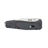 Flare, Folding Knife, 3.5" Clip Point Blade, 8" Overall Length, 8Cr13MoV Steel, Satin Finish Blade Steel, Straight Edge, Silver, Black Glass-Reinforced Nylon Handle, SAT Opener, Button Lock SOG-FLA1001-CP