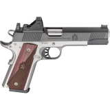 Ronin AOS, 1911, Single Action Only, Semi Automatic, Metal Frame Pistol, Full Size, 9MM, 5" Match Grade Barrel, Stainless Steel Frame, Optic Ready, Blued Steel Slide, Black, Wood Grips, Fiber Optic Front Sight, Tactical Rack White Dot Rear Sight, Manual