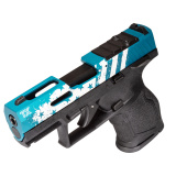 TX22 Compact, Striker Fired, Semi-automatic, Polymer Framed Pistol, 22 LR, 3.6" Threaded Barrel, Manual Safety, Black Frame, Blue Hard Anodized Slide with Laser Engraved Flag Design, Ramp Front/Adjustable Rear, 13 Rounds, 2 Magazines 1-TX2213Y-US3