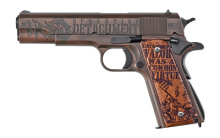 Iwo Jima Commemorative 1911, Semi-automatic, Pistol, 45 ACP, 5" Barrel, Steel Frame, OD Green under Distressed Copper Cerakote on Engraved Slide and Frame, Engraved Wood Grips, 7Rd, 1 Magazine, Fixed Sights, Features Engravings memorializing "Operation D