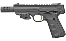 Buck Mark Black Label, Semi-automatic, 22 LR, 4.4" Barrel, Threaded, Compensator, Aluminum Frame, Black Color, Matte Finish, UFX Grip, Thumb Safety, Blade Front/Adjustable Rear Sights, 10Rd, 2 Magazines, Includes Crimson Trace Laser 051552490