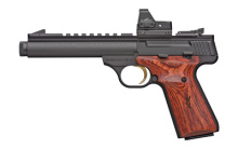 Buck Mark Field/Target, Semi-automatic, 22 LR, 5.875" Barrel, Threaded, Blued Finish, Aluminum Frame, Matte Black, Laminate Grips, Thumb Safety, Blade Front/Adjustable Rear Sights, 10Rd, 2 Magazines, Includes Crimson Trace Red Dot Sight 051567490