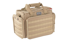 Tactical, Range Bag, Tan, 5 Internal Handgun Foam Cradles, Nylon, Visual ID Storage System for Quickidentification and access of gear, Front pocket features a padded handgun sleeve that can be removed for use to protect your firearms at the range and hol
