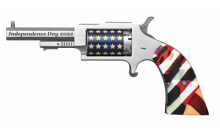 The Sheriff, Single Action, Revolver, 22LR/22 WMR, 2.5" Barrel, Stainless Steel, Silver, Fixed Sights, 5 Rounds, Flag Dipped Grips, "Independance Day 2022" On Both Side Of The Barrel, Blue Band With Gold Stars On Cylinder, "We The People"On The Backstrap