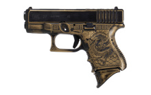 27C Gen3, Laser Engraved Dragon, Striker Fired, Semi-automatic, Polymer Frame Pistol, Sub-Compact, 40S&W, 3.46" Barrel, Distressed Black and Gold Cerakote, Fixed Sights, 1-10 Magazine (Pearce Grip+1), 1-9 Round Magazine, Right Hand, Ported Slide and Barr