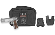1911 Loaded, 45ACP, 5" Stainless Match Grade Barrel, Forged Stainless Steel Slide and Frame, Cocobolo Grips, 3-Dot Low Profile Combat Sights, Ambidextrous Safety, 7Rd, California Compliant, Instant Gear Up Includes 5 Magazines, Range Bag, Hard Case, Hols