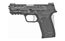 Performance Center Shield EZ, Semi-automatic, Compact, 9MM, 3.8" Ported Barrel, Black Armornite Finish, Polymer Frame, Black Color, Performance Center Aluminum Trigger, Grip Safety, No Thumb Safety, Hi-Viz Litewave H3 Tritium/Lightpipe Sights, Silver Bar
