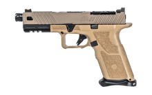 O.Z-9 Elite, Striker Fired, Semi-automatic, Metal Frame Pistol, 9MM, 5" Black Threaded Match Grade Barrel, Steel, Black, FDE Slide, Polymer Grip, 17 Rounds, O.Z-9 Signature Slide, ZEV PRO Flat Face Trigger, ZEV O.Z-9PRO Plus Magwell OZ9-STD-FDE-B-TH