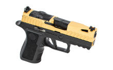 Z365X Compact, Octane, Striker Fired, Semi-automatic, Polymer Frame Pistol, Compact, 9MM, 3.7" Barrel, Gold Cerakote Slide, Black Barrel, Fiber Optic Sights, 12 Rounds, RMR Optic Cut, Untextured Grip GMZ320XCOMOCTRMRGLD