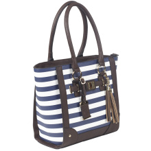 Tote Style Purse With Holster Navy Stripe With Brown Trim and Handles