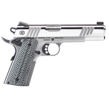 B1911, Mirror, Single Action Only, Semi-automatic, Metal Frame Pistol, Full Size, 45ACP, 5" Barrel, Polished Stainless Steel Finish, Black Trim, Tritium Front Night Sight, Ambidextrous Safety, Silver VZ Grips, 8 Rounds, 1 Magazine B19117050PMBG