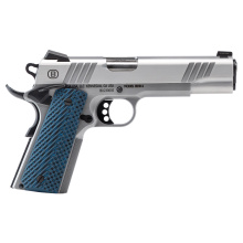 B1911, Blue Stainless, Single Action Only, Semi-automatic, Metal Frame Pistol, Full Size, 45ACP, 5" Barrel, Brushed Stainless Steel Finish, Black Trim, Tritium Front Night Sight, Ambidextrous Safety, Blue VZ Grips, 8 Rounds, 1 Magazine B19117050SMBL