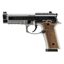 92GTS, Launch Edition, Double Action/Single Action, Semi-automatic, Metal Frame Pistol, Full Size, 9MM, 4.7" Barrel, Cerakote Finish, Black Slide, Silver Frame, Hogue Wood Grips, Ambidextrous Frame Mounted Decocker, Fiber Optic Front Sight, 15 Rounds, 2