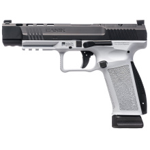 TP9, METE SFx, Striker Fired, Semi-automatic, Polymer Frame Pistol, Full Size, 9MM, 5.2" Barrel, Cerakote Finish, Black Slide, White Frame, 3 Dot White Sights, Flared Magwell, Optic Ready, 2 Magazines, (1)-18 Round and (1)-20 Round, Includes Reversable O