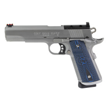 Gold Cup Trophy, 1911, Semi-automatic, Steel Frame Pistol, 9MM, 5" Barrel, Polished, Silver, Blue G10 Grips, Black Serrated Rear Sight, Fiber Optic Front Sight, Manual Safety, 8 Rounds, 1 Magazine O5072XE-OR