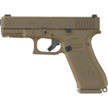 19XV, V Series, Striker Fired, Semi-automatic, Polymer Frame Pistol, Compact, 9MM, 4.02" Barrel, Glock MarksmanBarrel, nPVD Finish, Coyote, No Finger Grooves, G lock Night Sights, Ambidextrous Slide Stop Lever, (2)-19 Round Magazines, (1)-17 Round Magazi
