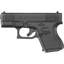 26V, V Series, Striker Fired, Semi-automatic, Polymer Frame Pistol, Sub-Compact, 9MM, 3.43" Barrel, Glock Marksman Barrel, nDLC Finish, Black, No Finger Grooves, Fixed Sights, Ambidextrous Slide Stop Lever, Front Serrations, 10 Rounds, 3 Magazines UV2650