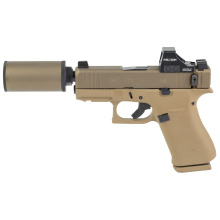 43X Hush Puppy, Semi-automatic, Striker Fired, Polymer Frame Pistol, Sub-Compact, 3.92" Threaded Barrel, 1/2X28 Thread Pitch, Flat Dark Earth Cerakote by Shark Coast Tactical, Suppressor Height Sights, Holosun 407K Red Dot, 10 Rounds, Includes Compact Hu